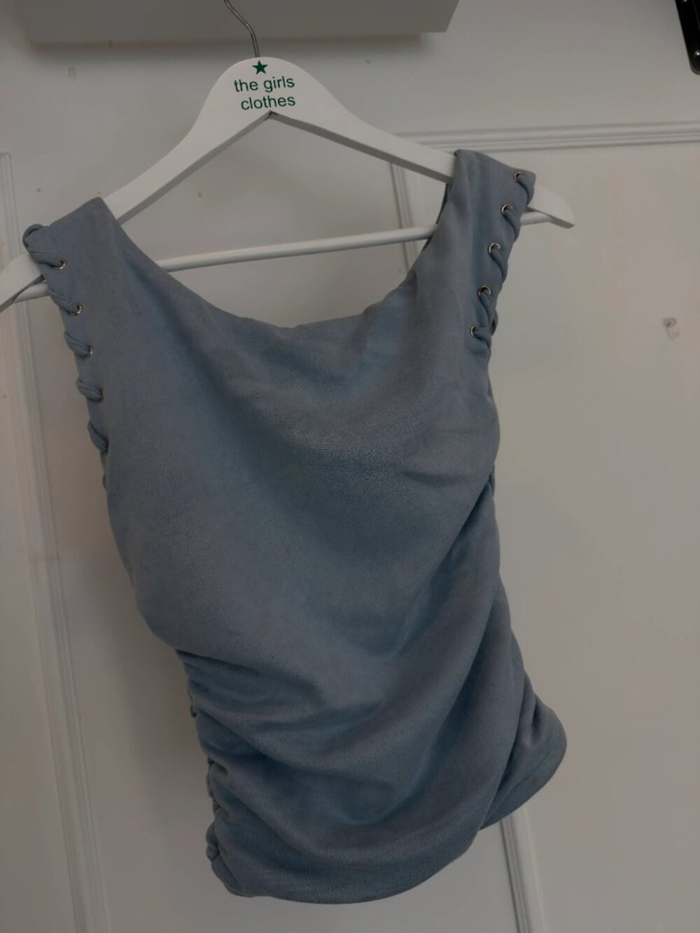 White Fox Sweetest Love Blue Faux Suede Off Shoulder Top Size S